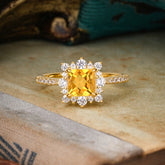 Princess Cut 1.2 Carat Citrine Pave Ring Halo Engagement Ring